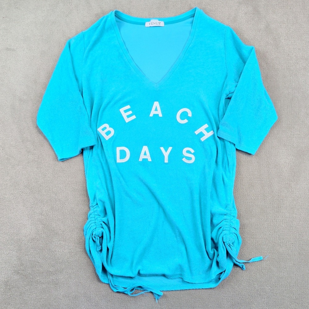Venus Size S Beach Days Graphic Top Turquoise Blue Ruched Side V-Neck Vintage